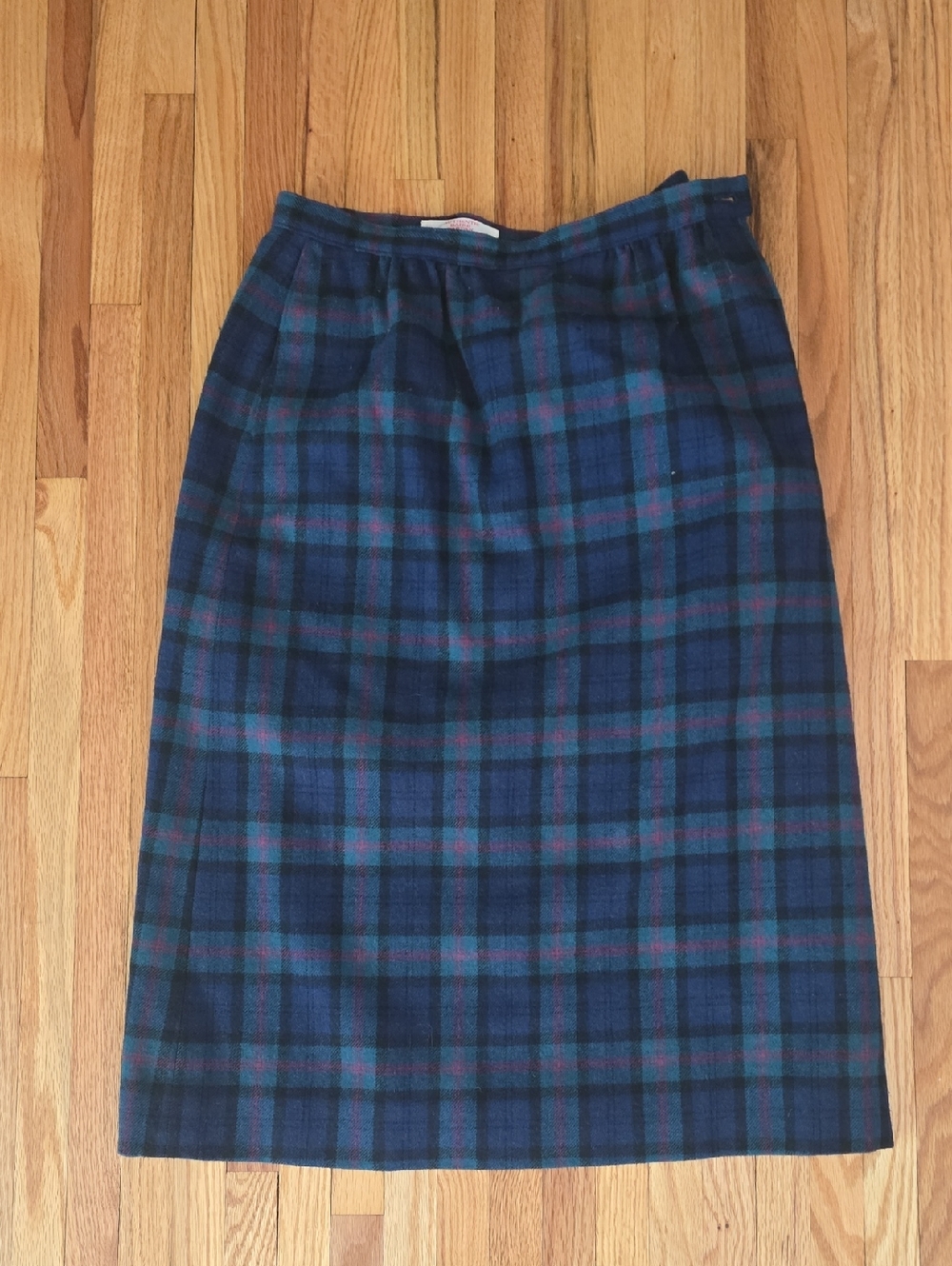 Vintage Pendleton Teal, Navy & Forest Green Plaid Wool Midi Skirt